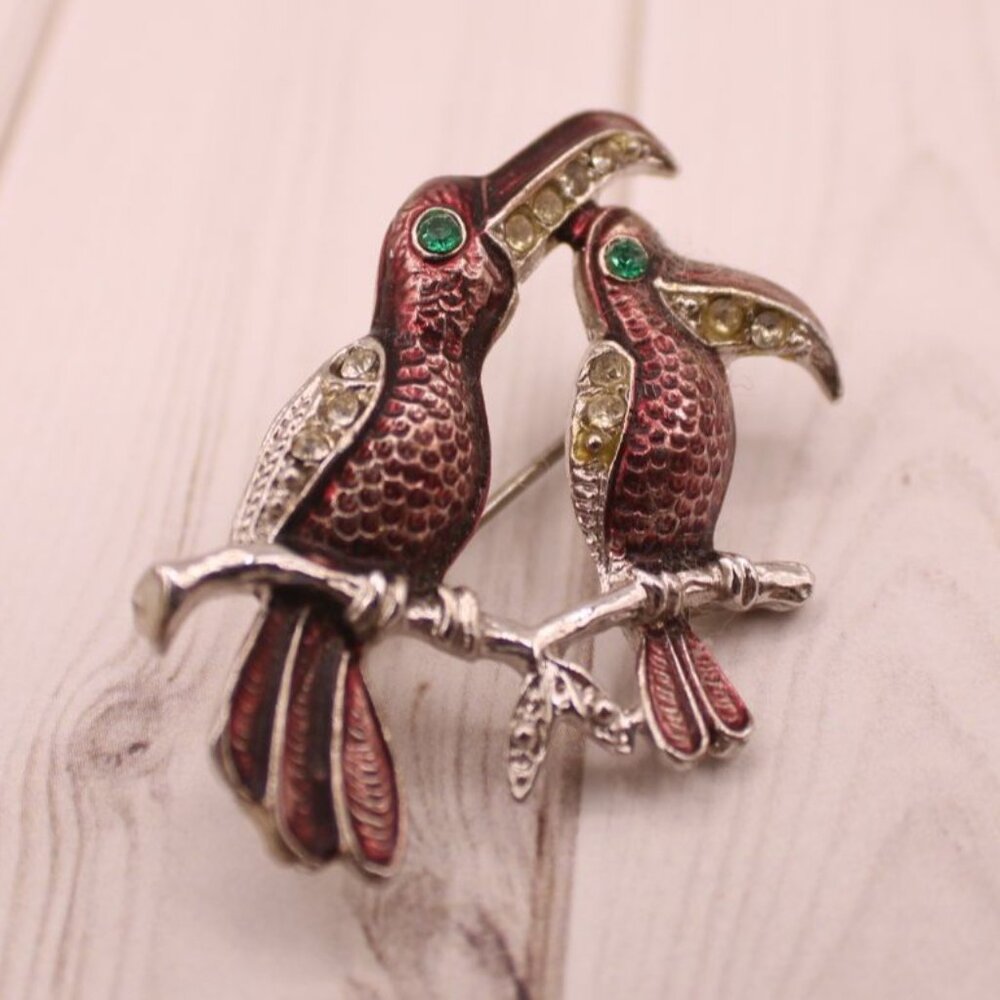 Toucan Bird Brooch Pin Rhinestones Burgundy Red Enamel Signed Czecho Slovakia Vi